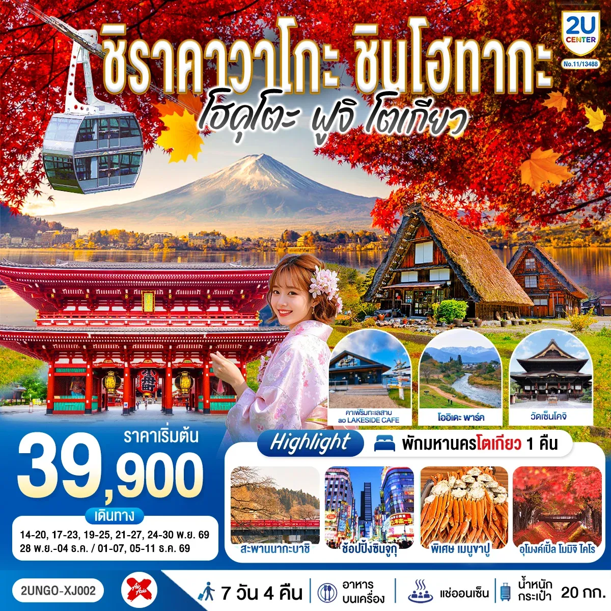 ทัวร์ญี่ปุ่น ชิราคาวาโกะ ชินโฮทากะ โฮคุโตะ ฟูจิ โตเกียว 7วัน 4คืน (XJ)
